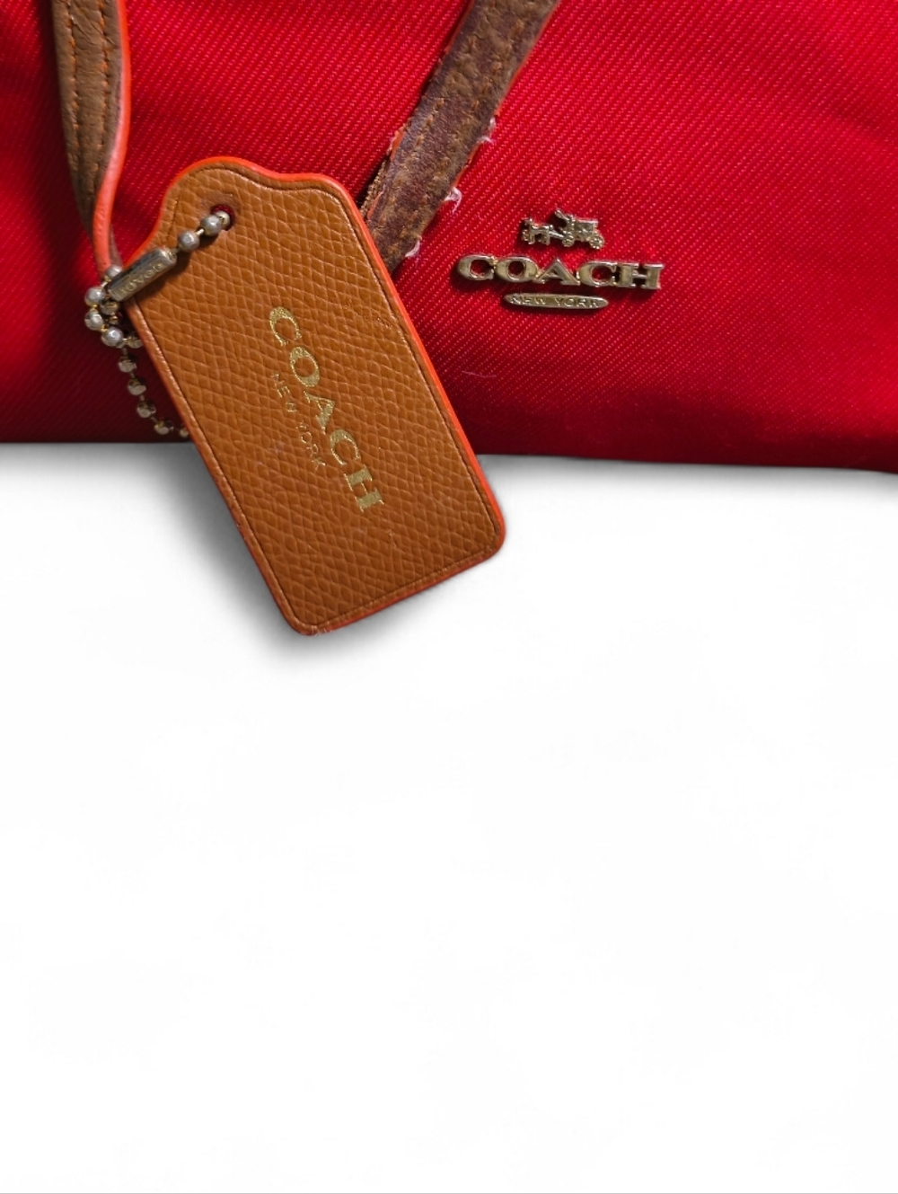 Vintage Coach Red Canvas Tote Bag Leather Trim Large Shoulder Purse Classic - Picture 2 of 8